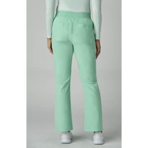 Mint green pants with a flared leg design, featuring pockets and an elasticated waistband, showcased from the back.