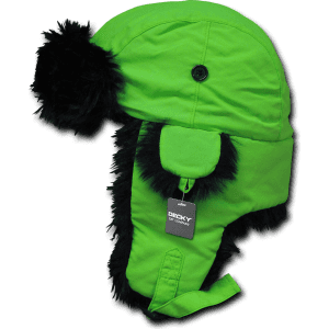 A neon green aviator hat featuring a fluffy black trim and pom-pom, with a tag attached.