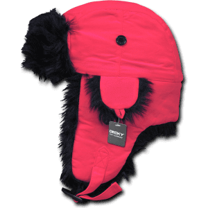 A Neon Aviator Hat in bright pink with black faux fur trim and an adjustable chin strap. Features a logo.