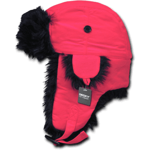 A neon pink aviator hat featuring black faux fur accents and a button detail. It includes a hang tag.
