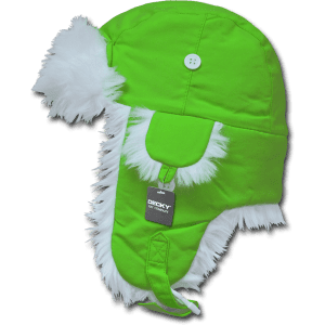A neon green aviator hat with white faux fur trim and a button closure. It features a branded tag.