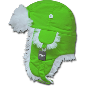 A bright green aviator hat with white faux fur trim and button details, featuring a logo tag.