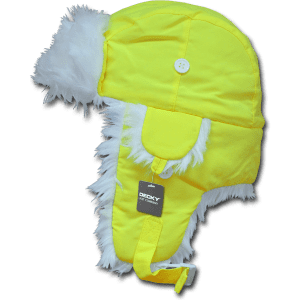 A bright yellow aviator hat with white faux fur trim and a branding tag attached.