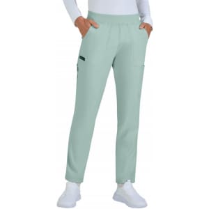 A pair of limited edition Harper pants in a soft mint green, featuring pockets and an elastic waistband.