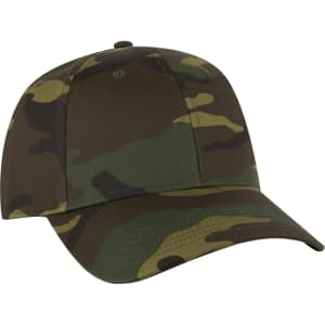 A camouflage 6 panel baseball cap with a curved brim and an adjustable strap at the back.