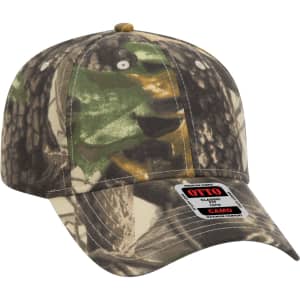 A camo 6-panel baseball cap featuring a woodland pattern and a logo on the front.