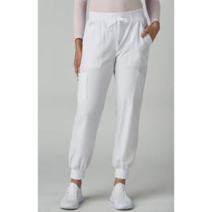 A pair of white jogger pants with pockets, featuring a drawstring waistband and elastic cuffs.