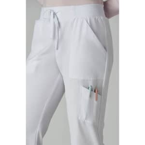 A pair of light grey jogger pants featuring pockets and a drawstring waistband. The pants have a branding logo.
