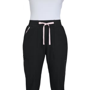 A pair of black joggers featuring pink drawstrings and side pockets, with a fitted design.
