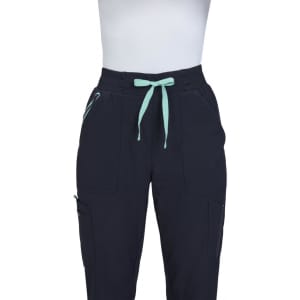 A pair of navy jogger pants featuring a mint green drawstring and multiple pockets. The product has a logo.