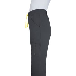 A pair of grey joggers featuring a side pocket and a yellow drawstring. It has a branded logo.