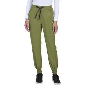 A pair of olive green jogger pants with a drawstring waist and cuffed ankles, featuring side pockets.
