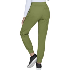 A pair of olive green jogger pants viewed from the back, featuring elastic cuffs and pockets.