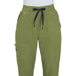 A pair of olive green jogger pants featuring pockets and a drawstring waistband. It has a logo on one side.