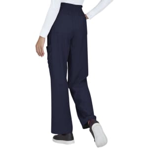 Navy blue pants with a relaxed fit and cargo pockets, worn by a model from a rear angle.