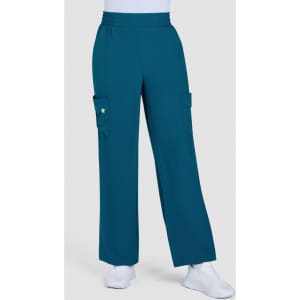 Ayla Pant in teal, featuring a relaxed fit and cargo pockets. The garment has an elastic waistband for comfort.