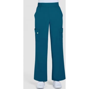 Teal cargo pants with a relaxed fit and side pockets, featuring a waistband for comfort and ease of movement.
