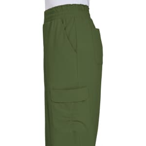 Ayla Pant in olive green featuring an elastic waistband and multiple pockets on the side.