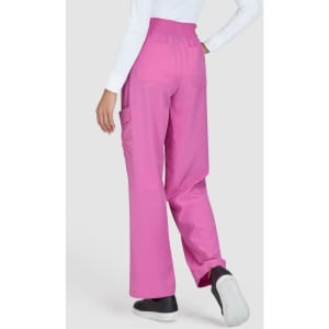 A pair of pink pants with a relaxed fit, featuring cargo pockets and an elastic waistband, worn from the back.