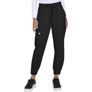 A pair of black jogger pants featuring elastic cuffs and side pockets, worn with black sneakers.