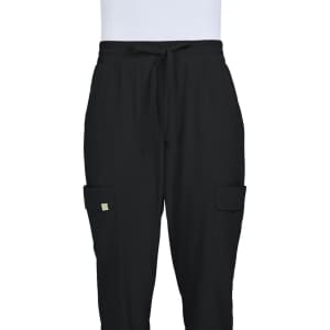 A pair of black jogger pants featuring cargo pockets and an elasticised waistband. The pants have a logo detail.