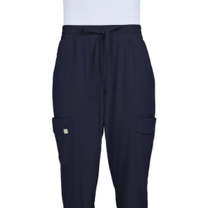 Navy jogger pants featuring an elastic waist and side pockets, with a small logo on one pocket.