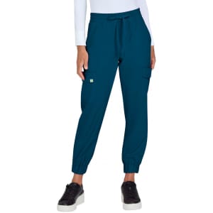 A pair of teal jogger pants with elastic cuffs and a drawstring waist, featuring cargo pockets.