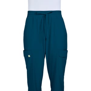 A pair of teal jogger pants with side pockets and an elastic waistband, featuring a small logo.