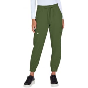 A pair of olive green jogger pants with elastic cuffs and side pockets, featuring a logo.