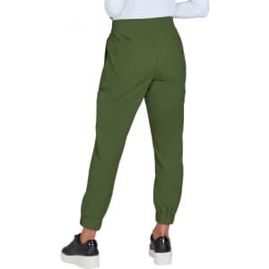 A pair of green jogger pants with elastic cuffs, featuring a relaxed fit and side pockets.