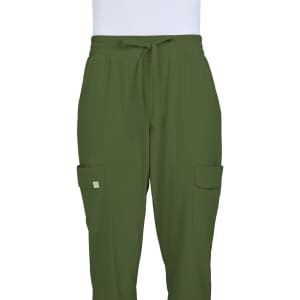 A pair of olive green jogger pants featuring a drawstring waist and cargo pockets. The garment has a logo.