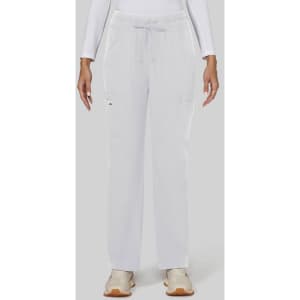 A pair of white wide leg pants with an elastic waistband and pockets, featuring a logo.