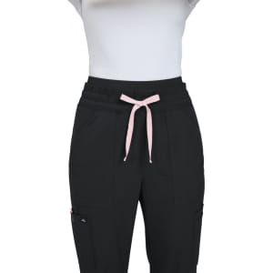 A pair of black wide leg pants with a pink drawstring, featuring side pockets and a logo.