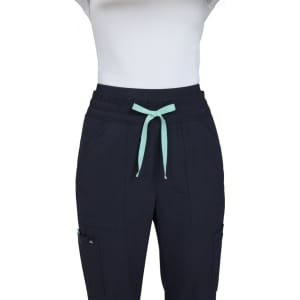 A pair of navy wide-leg pants with a mint green drawstring and side pockets, featuring a branding logo.