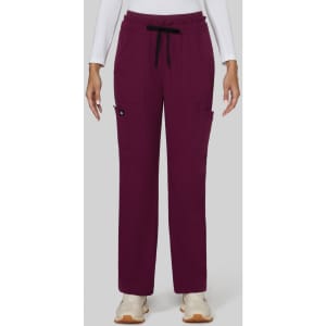 A pair of wide leg pants in deep burgundy with pockets and a drawstring waist. They feature a small logo on the side.