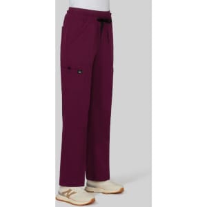 A pair of wide leg pants in a deep maroon colour, featuring pockets and an elastic waistband, displayed on a mannequin.