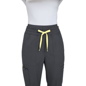 A pair of grey wide-leg pants featuring a yellow drawstring and two front pockets. The waistband is elasticated.