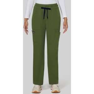 A pair of olive green wide leg pants with a drawstring waist and pockets, featuring a small logo on the side.