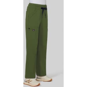A pair of wide leg pants in olive green, featuring side pockets and a drawstring waistband, worn with light-coloured shoes.