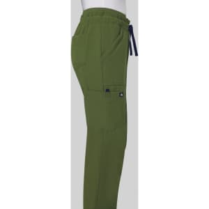 A pair of olive green wide-leg pants with side pockets and a waistband drawstring. The product has a logo.