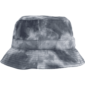 A tie dye bucket hat featuring shades of blue and grey with a wide brim and an inner band.