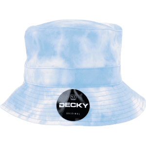 A tie dye bucket hat in light blue, featuring a logo on the side.