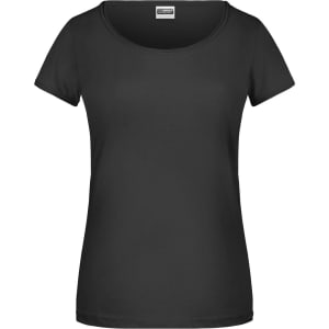 A black ladies' T-shirt with short sleeves and a rounded neckline. It features a branding logo.