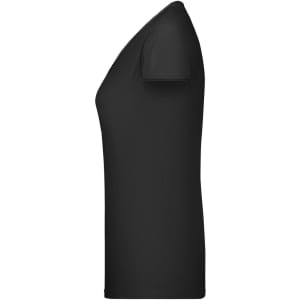 A black women's T-shirt featuring a fitted design with a short sleeve and a crew neckline. It has a logo.