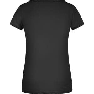 A black t-shirt with a crew neck and short sleeves, featuring a simple design on the back.