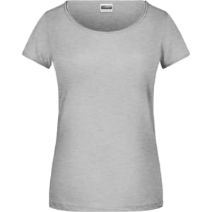 A grey ladies' T-shirt with a round neckline and short sleeves, featuring a logo on the label.