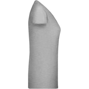 A grey ladies' T-shirt with short sleeves and a V-neck design, featuring a branding logo.