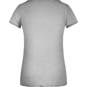 A grey short-sleeve t-shirt with a plain back and a logo on the neck area.
