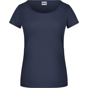 A navy ladies' T-shirt with short sleeves and a scooped neckline. The shirt has a logo on the label.
