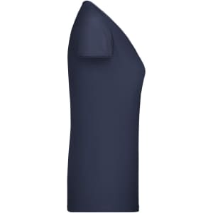 A navy blue ladies' T-shirt with a v-neck and short sleeves. It features a fitted design and has a logo.